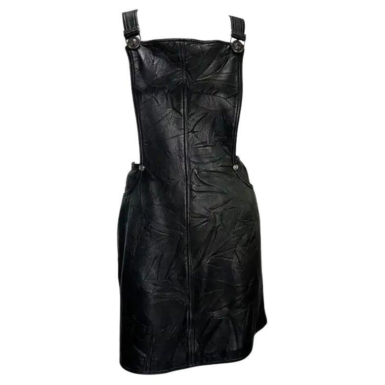 F/W 1994 Gianni Versace Black Wrinkled Leather Medusa Overall Mini Dress