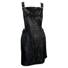 F/W 1994 Gianni Versace Black Wrinkled Leather Medusa Overall Mini Dress