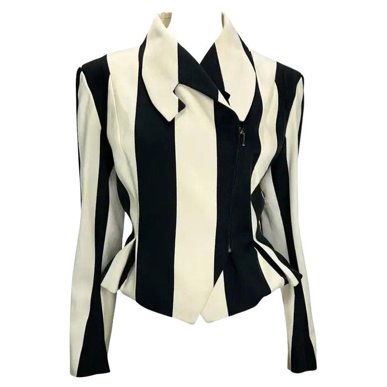 F/W 1990 John Galliano Runway Black White Striped Zip Bustle Jacket US 8, UK 10