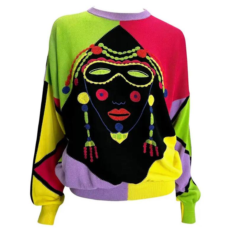 1990 Gianni Versace Men
s Embroidered Multicolor Harlequin Face Sweater