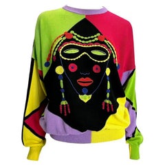 Vintage 1990 Gianni Versace Men's Embroidered Multicolor Harlequin Face Sweater