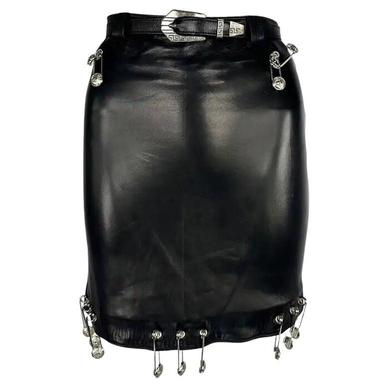 S/S 1994 Gianni Versace Safety Pin Medusa Pierced Black Leather Belted IT38