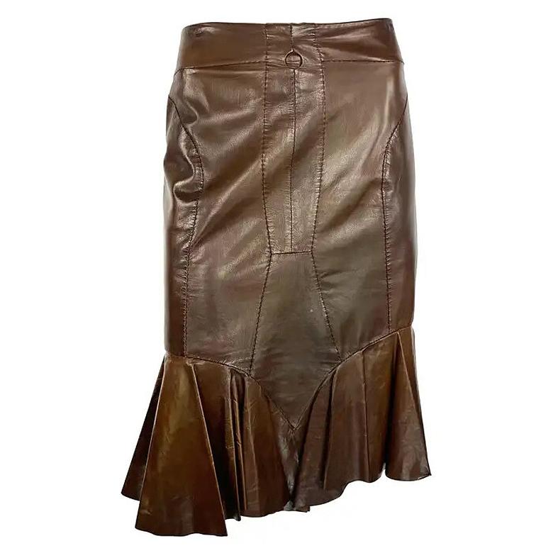 S/S 2003 Yves Saint Laurent by Tom Ford Anatomic Brown Leather Ruffle Skirt