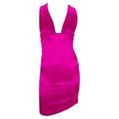 F/W 2004 Versace by Donatella Hot Pink Satin Mini Strap Backless Bodycon Dress