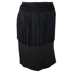 1990s Valentino Garavani Black Crochet Fringe Linen Pencil Skirt