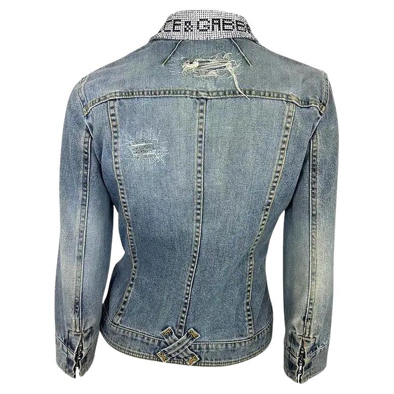 S/S 2003 Dolce & Gabbana Distressed Light Wash Denim Jacket Rhinestone 40IT For Sale