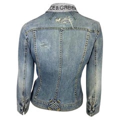 S/S 2003 Dolce & Gabbana Distressed Light Wash Denim Jacket Rhinestone Spell