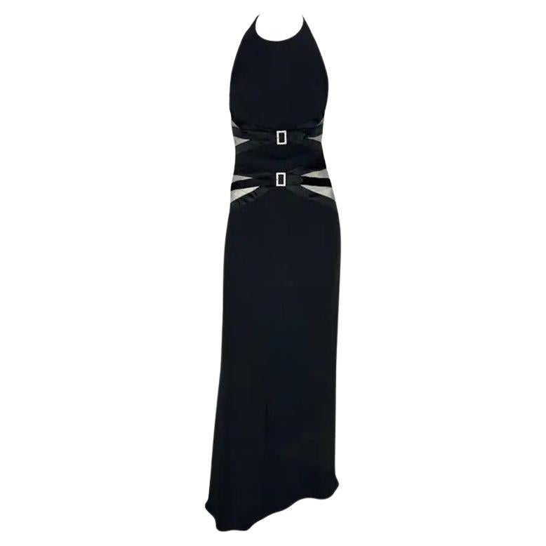 Abito da sera Valentino degli anni 2000, nero, con inserti trasparenti, scollo all’americana e fibbia con strass 6