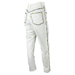 Early 1990s Dolce & Gabbana White Denim Multicolor Pastel Rhinestone Jeans
