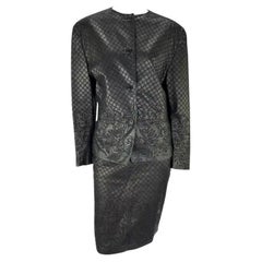 F/W 1986 Gianni Versace Runway Black Leather Embroidered Floral Skirt Set 46IT