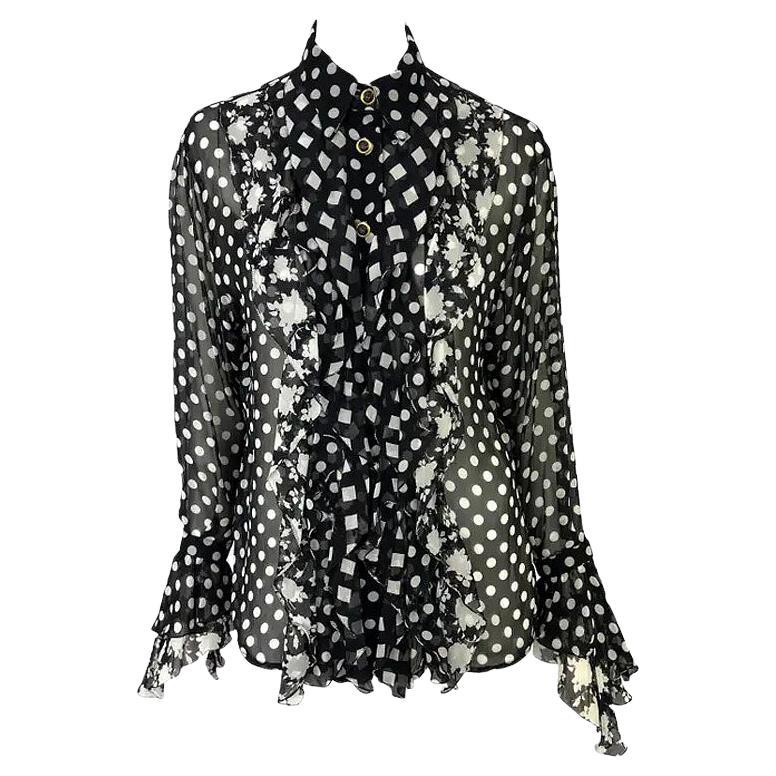 Temporada primavera-verano 1993 de Gianni Versace: top con volantes, estampado floral y lunares en blanco y negro, talla 42IT