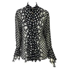 S/S 1993 Gianni Versace Runway Black White Polka Dot Floral Ruffle Top 42IT