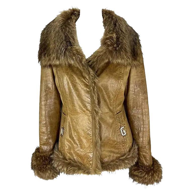 2000s Dolce & Gabbana Logo Buckle Brown Distressed Patent Leather Fur Coat 42IT For Sale