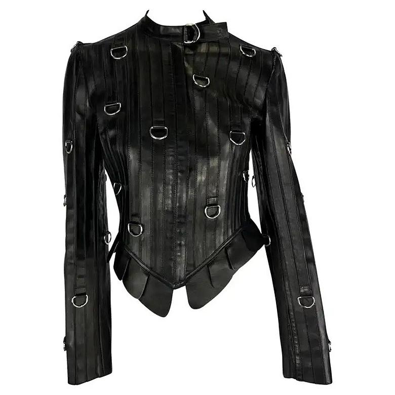 S/S 2003 Alexander McQueen Irere Runway Black Leather Ring Moto Jacket