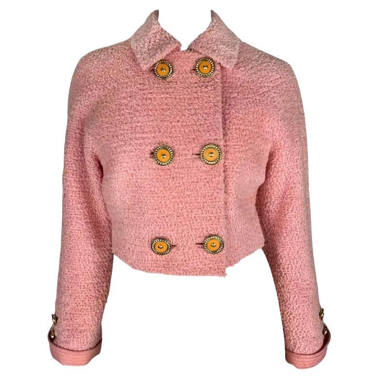 F/W 1994 Gianni Versace Light Pink Tweed Cropped Double Breasted Runway Jacket