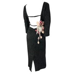 F/W 1998 Dolce & Gabbana Runway Dark Grey Wool Backless Flower Appliqué Dress