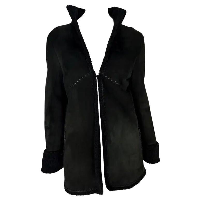 F/W 2002 Gianni Versace by Donatella Black Shearling Woven Leather Jacket 42IT For Sale