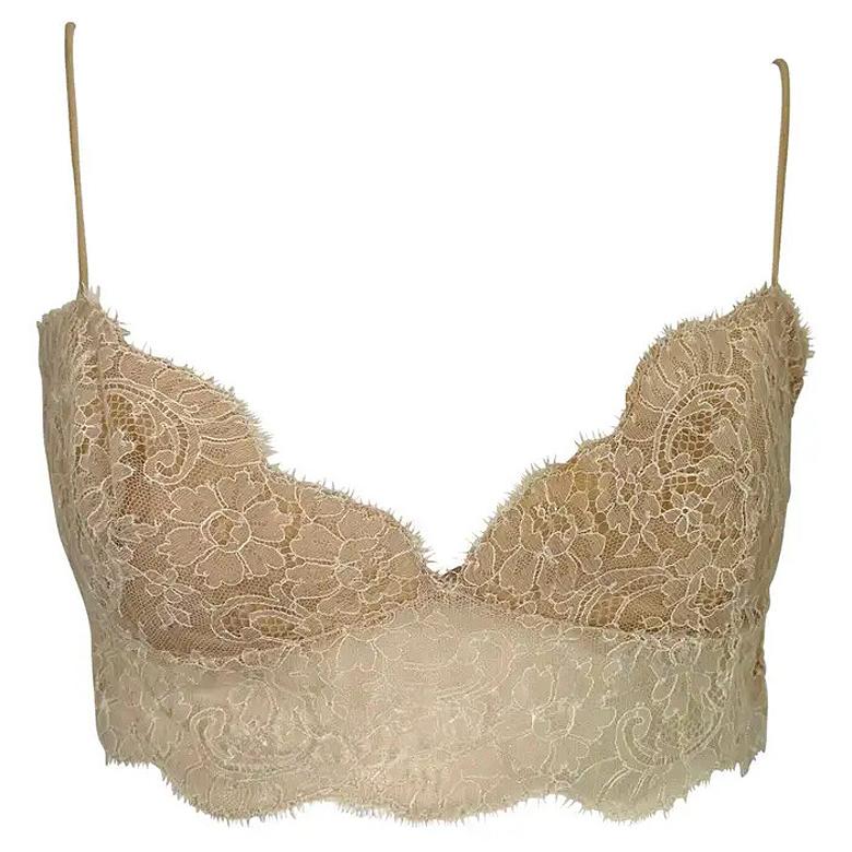 S/S 2000 Valentino Garavani Tan Cream Sheer Lace Bralette Crop Top Y2K