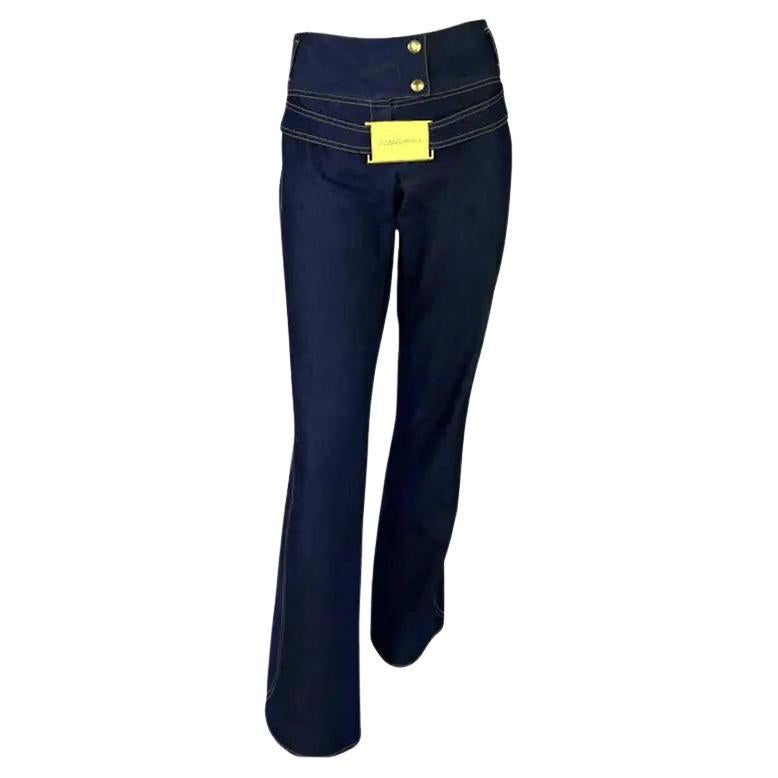 NWT S/S 2001 Dolce & Gabbana Laufsteg-Jeans mit Logo und goldener Schnalle, denimblau, IT46