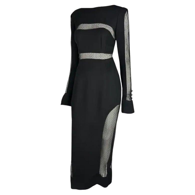 F/W 1993 Karl Lagerfeld Runway Black Mesh Sheer Cut Out Gown 42FR For Sale