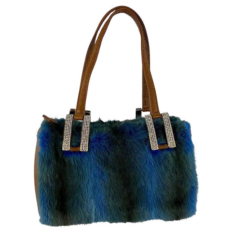 F/W 2001 Gianni Versace by Donatella Ad Blue Fur Rhinestone Mini Bag For Sale