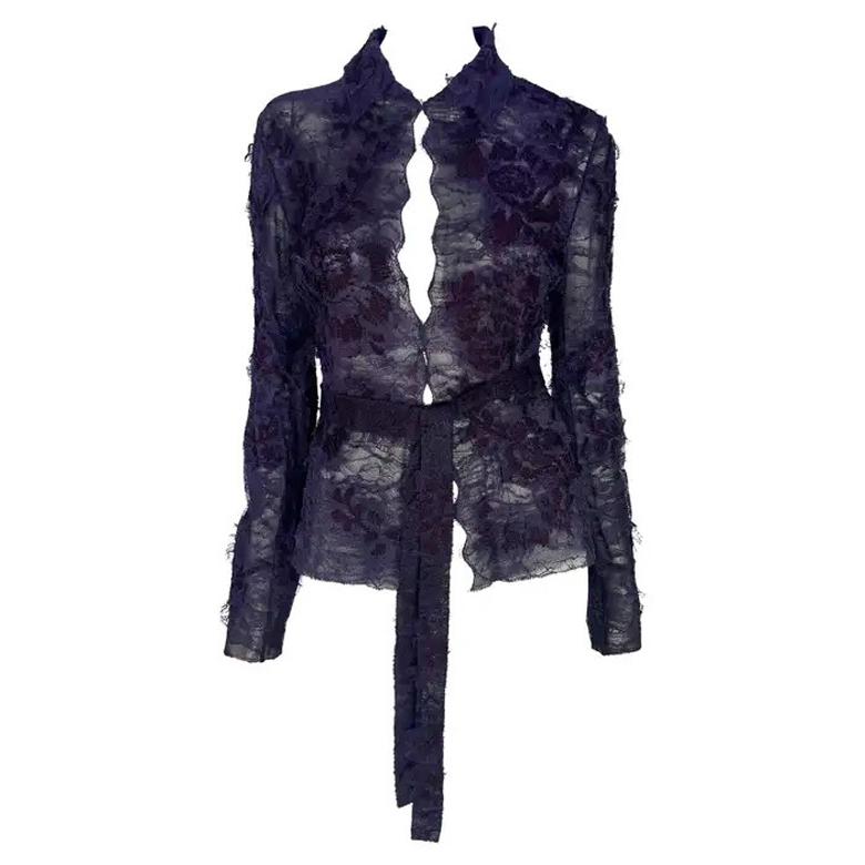 F/W 2001 Yves Saint Laurent by Tom Ford Runway Purple Floral Lace Tie Blouse