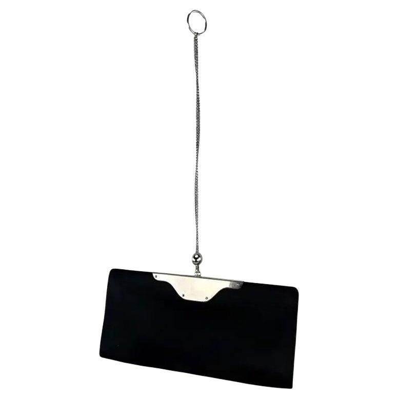 2000s Yves Saint Laurent Black Satin Sterling Silver Ring Evening Clutch