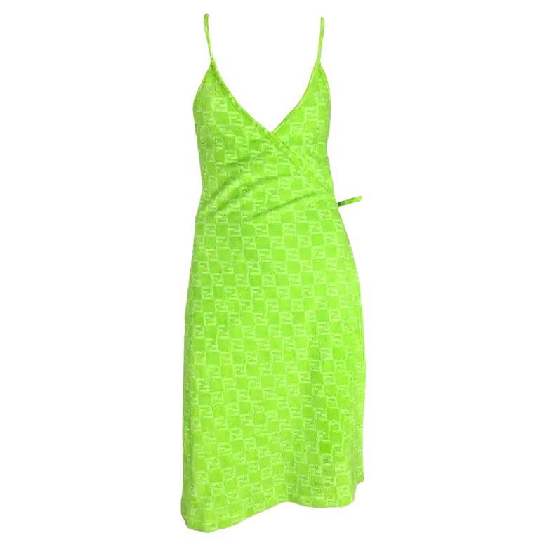 NWT 1990s Fendi by Karl Lagerfeld Neon Green Terry Cloth FF Logo Wrap Dress