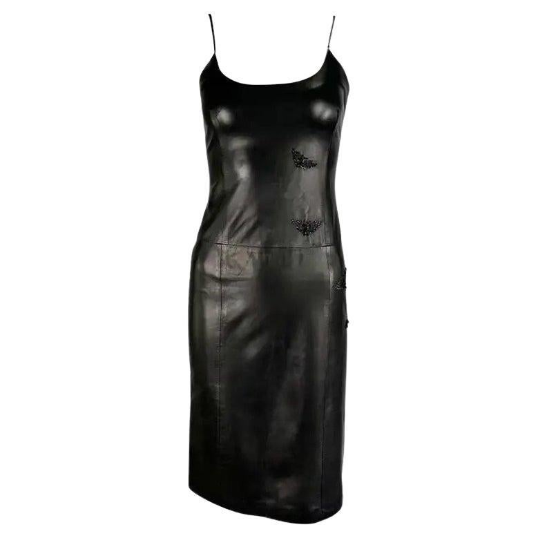1999 Gianni Versace by Donatella Black Leather Butterfly Beaded Mini Dress 38IT