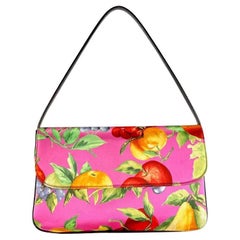 Late 1990s Dolce & Gabbana Pink Fruit Print Satin Double Y2K Medium Shoulder Bag
