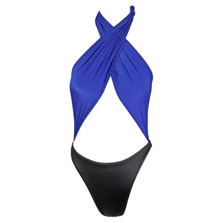 1980s Gianni Versace Plunging Wrap Blue Black One-Piece Bikini Swimsuit IT44