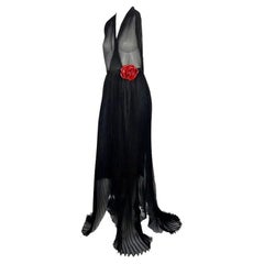 F/W 2000 Dolce & Gabbana Runway Sheer Pleated Black Halter Maxi Gown Flower
