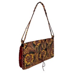 2000s Emanuel Ungaro Red Lizard Tan Tooled Floral Leather Shoulder Bag