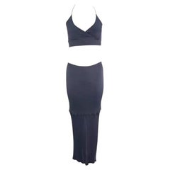 1990s Yigal Azrouël Grey Blue Stretch Halter Neck Bodycon Crop Top Skirt Set