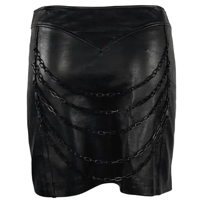 F/W 2003 Versace by Donatella Versace Runway Minijupe réversible en cuir noir avec chaîne
