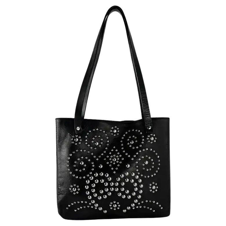 Late 1990s Dolce & Gabbana Black Leather Studded Small Shoulder Tote Bag