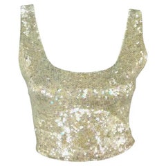 1990s Ralph Lauren Irridescent Sequin White Stretch Crop Top