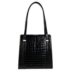 F/W 1996 Gucci by Tom Ford Large Black Glossy Crocodile Shoulder Bag