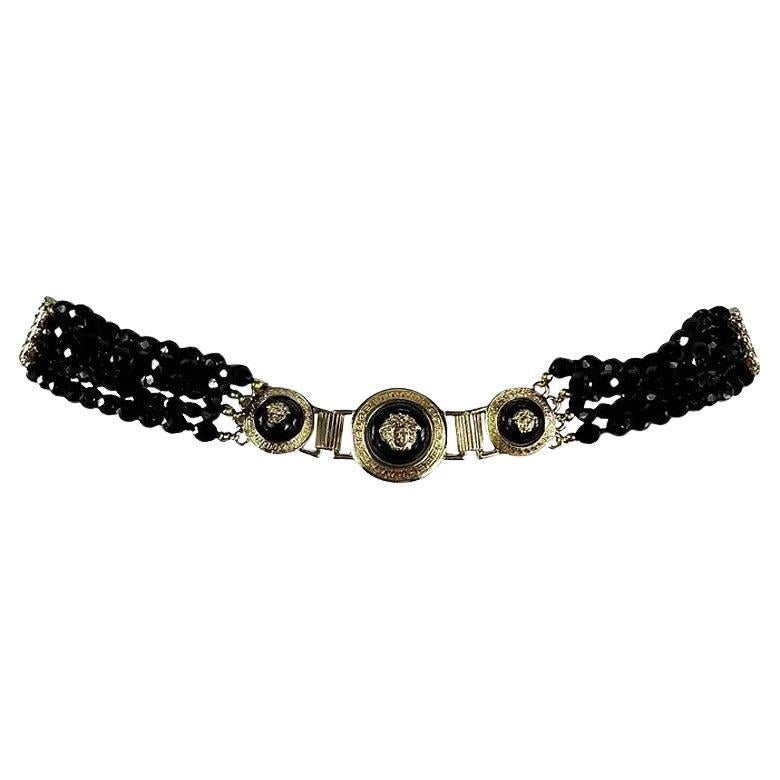 F/W 1994 Gianni Versace Runway Medusa Black Beaded Patent Leather Belt 70 For Sale