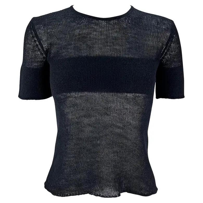 1990s Giorgio Armani Sheer Black Knit Cashmere Sweater Short Sleeve Top