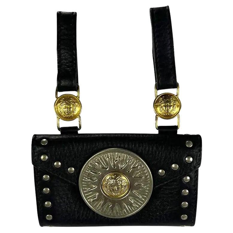 Pre-owned Versace F/w 1994 Gianni Black Leather Gold-tone Medusa Medallion Belt Bag Pouch