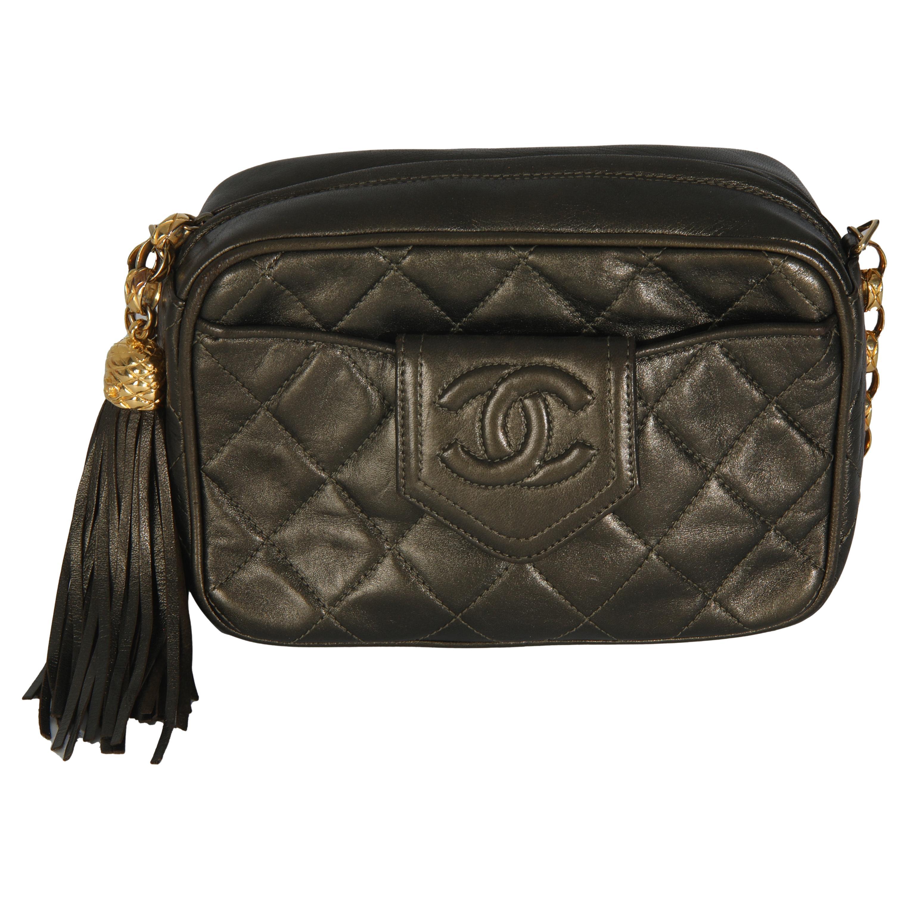 Chanel Vintage Metallic Green Quilted Lambskin Tassel Camera Bag