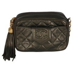 Chanel Vintage Metallic Green Quilted Lambskin Tassel Camera Bag