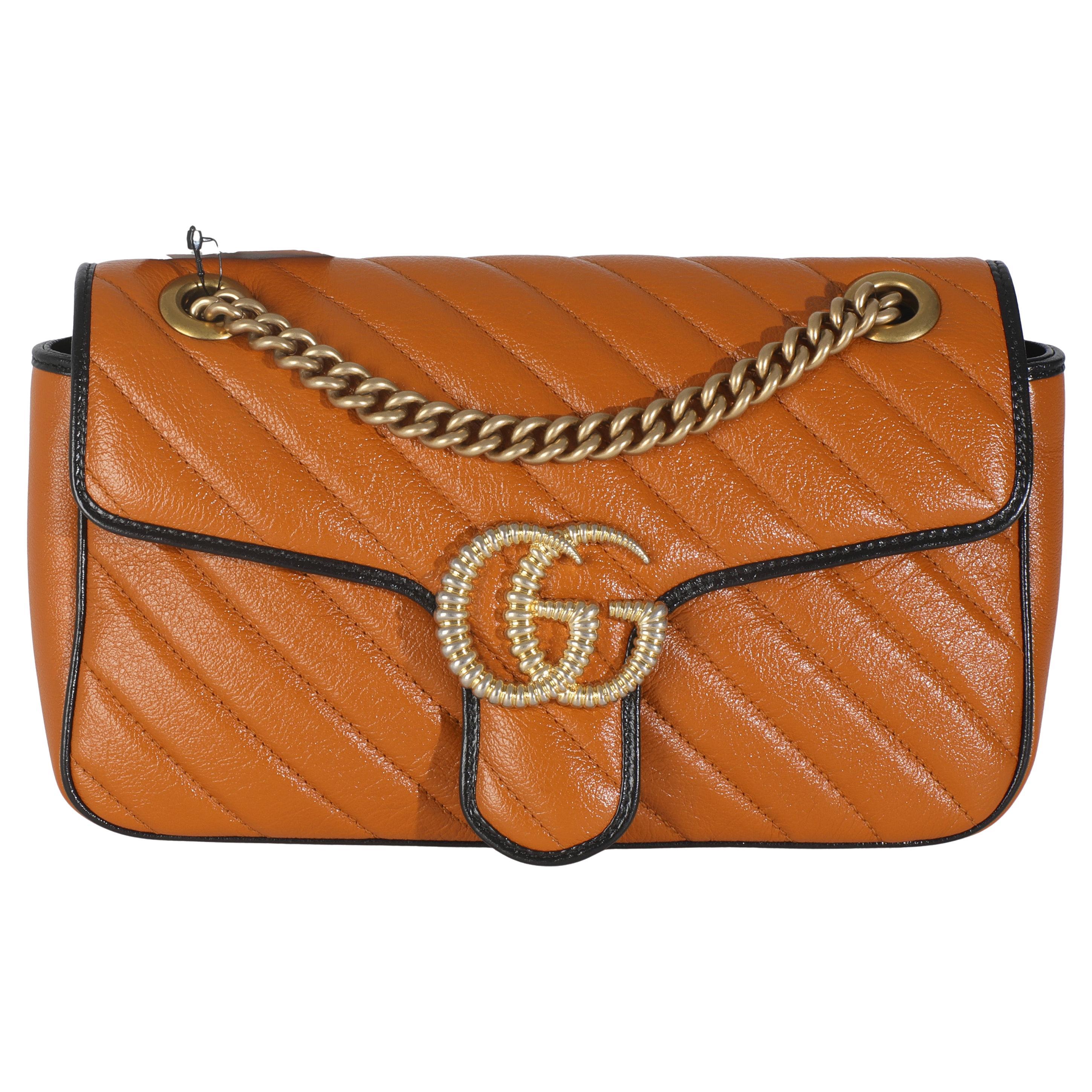 Gucci Cognac Calfskin Matelasse Diagonal Small Torchon GG Marmont Shoulder Bag