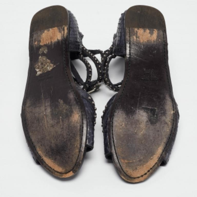 Miu Miu Marineblau Python Leder Knöchelriemen Flache Sandalen Größe 38.5 (Schwarz) im Angebot