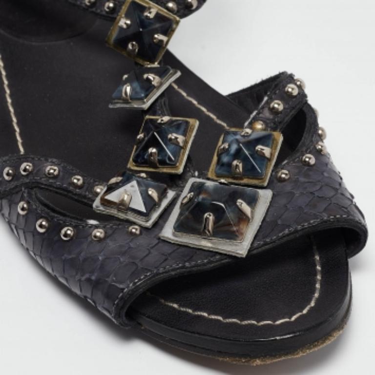 Miu Miu Marineblau Python Leder Knöchelriemen Flache Sandalen Größe 38.5 Damen im Angebot
