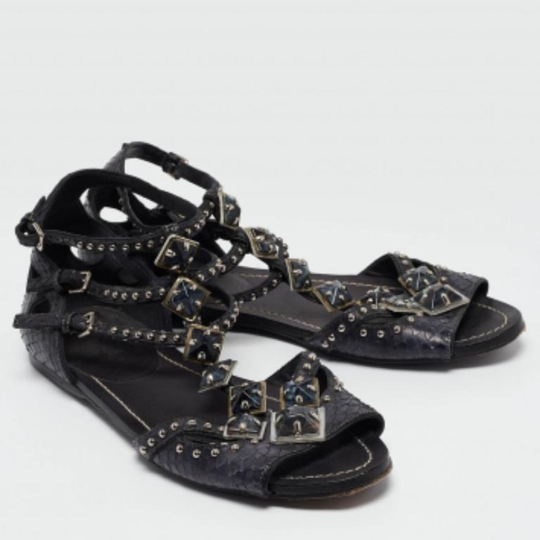 Miu Miu Marineblau Python Leder Knöchelriemen Flache Sandalen Größe 38.5 im Angebot 1