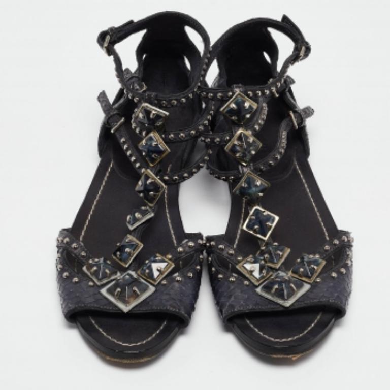 Miu Miu Marineblau Python Leder Knöchelriemen Flache Sandalen Größe 38.5 im Angebot 2