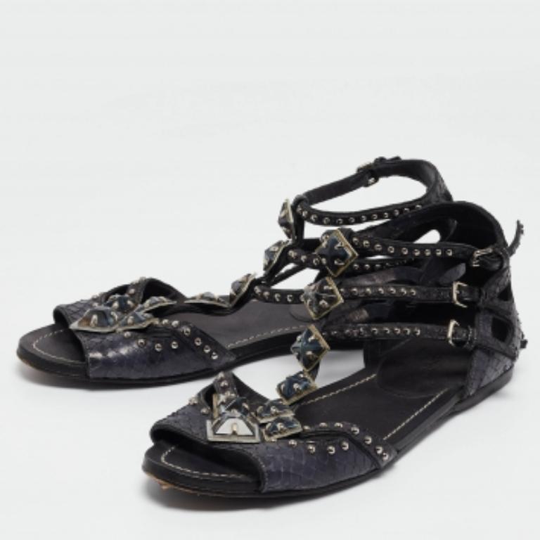 Miu Miu Marineblau Python Leder Knöchelriemen Flache Sandalen Größe 38.5 im Angebot 3