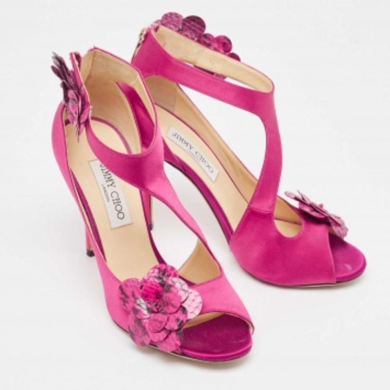 Women's Jimmy Choo Pink Satin and Python Flower Applique Sandals Size 39.5 For Sale